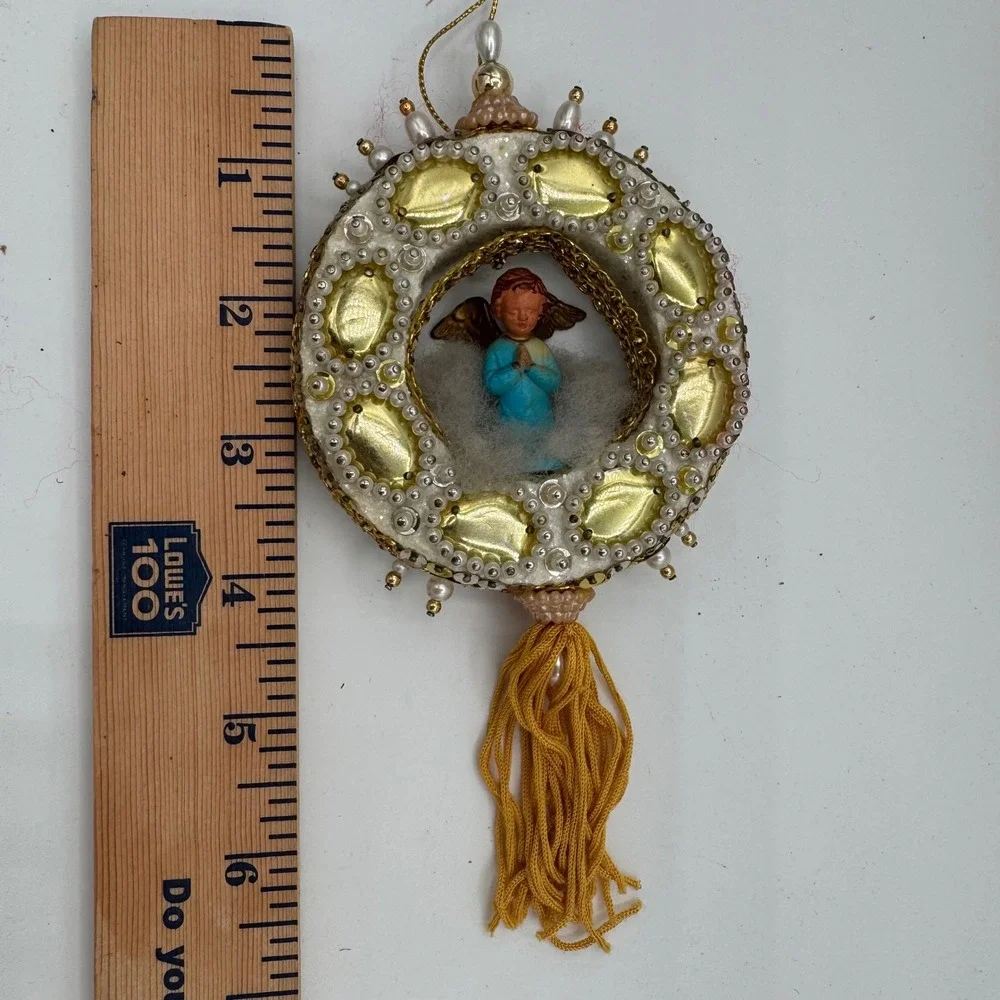 Vintage Handmade Diorama Angel Christmas Ornament Gold Pearl Tassel Mid Century